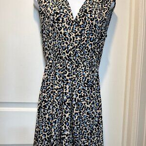 BCBGMAXAZRIA Leopard Print Dress – Blue & Tan – Ruffle Split Hem – Size M